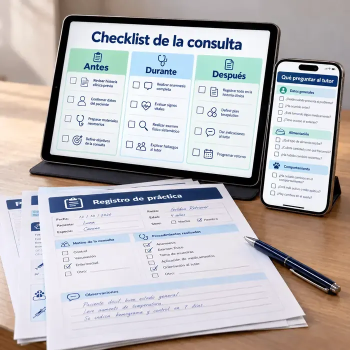 Checklist del Estudiante Clínico en tablet, celular y hojas impresas