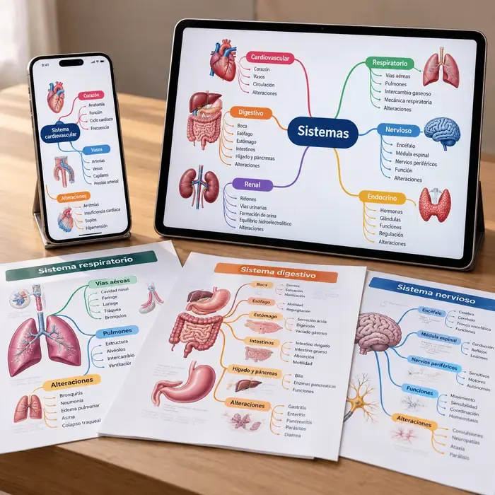 Mapa Mental de Sistemas en tablet, celular y hojas impresas