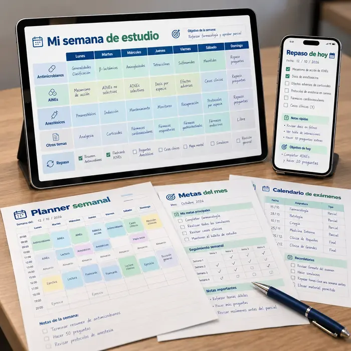Organizador de Estudio Vet en tablet, celular y hojas impresas